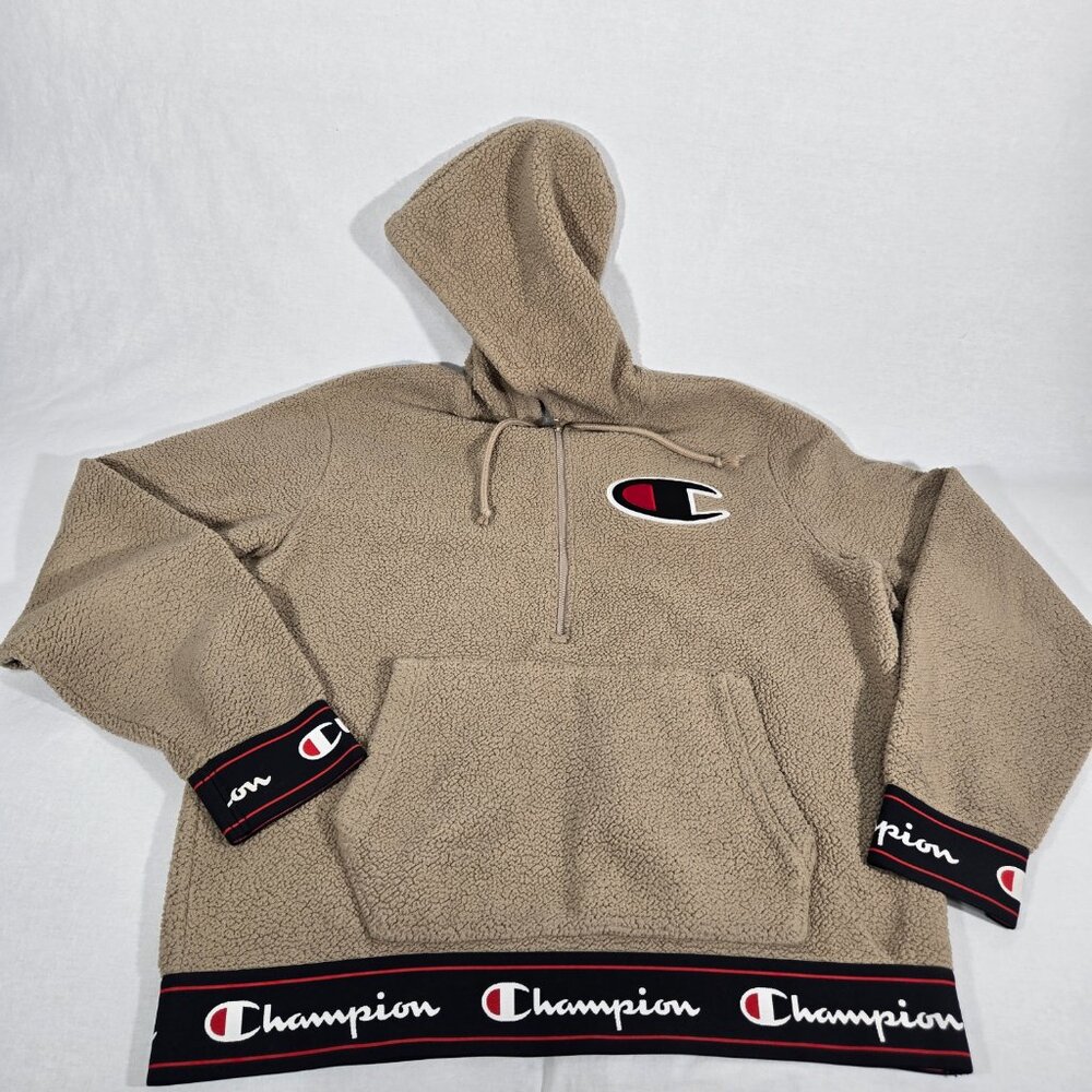 Y2K CHAMPION Streetwear TAN Spell Out Teddy Half Zip Sherpa Hoodie Men's Size L. - Picture 8 of 17